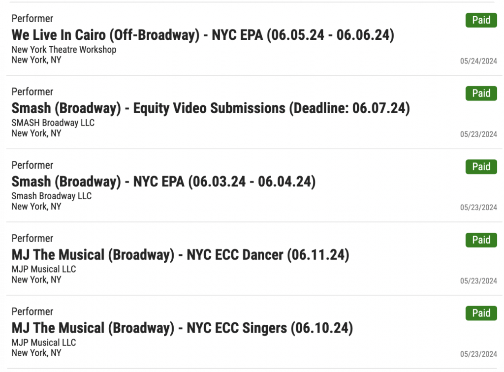 Job listing example from playbill.com/jobs